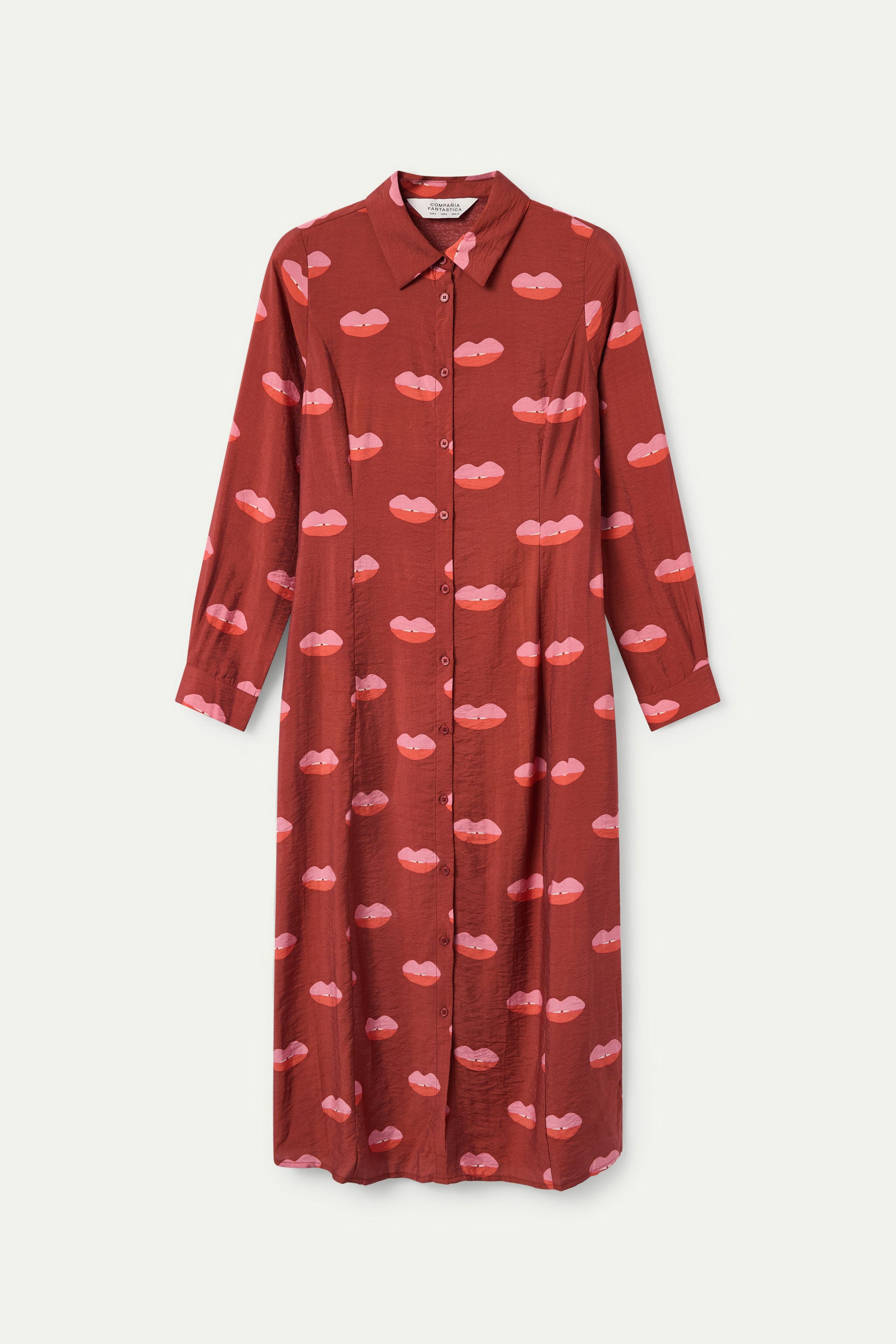 Vestido camisero rojo con estampado de labios