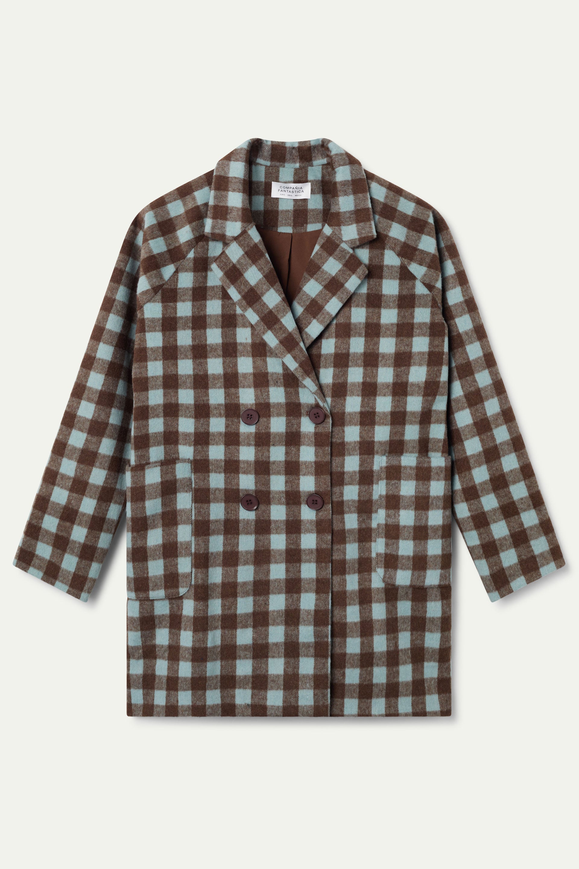 Abrigo de cuadros marrón y azul celeste