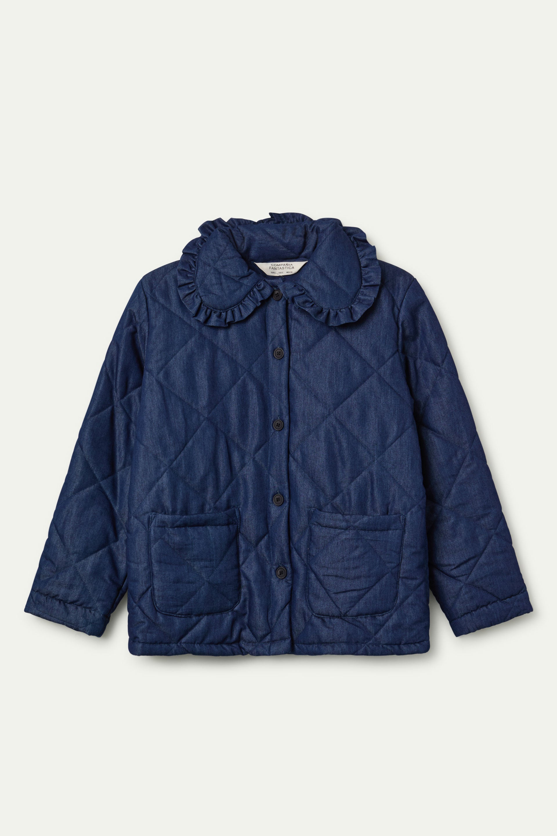 Chaqueta acolchada denim azul con cuello de volante