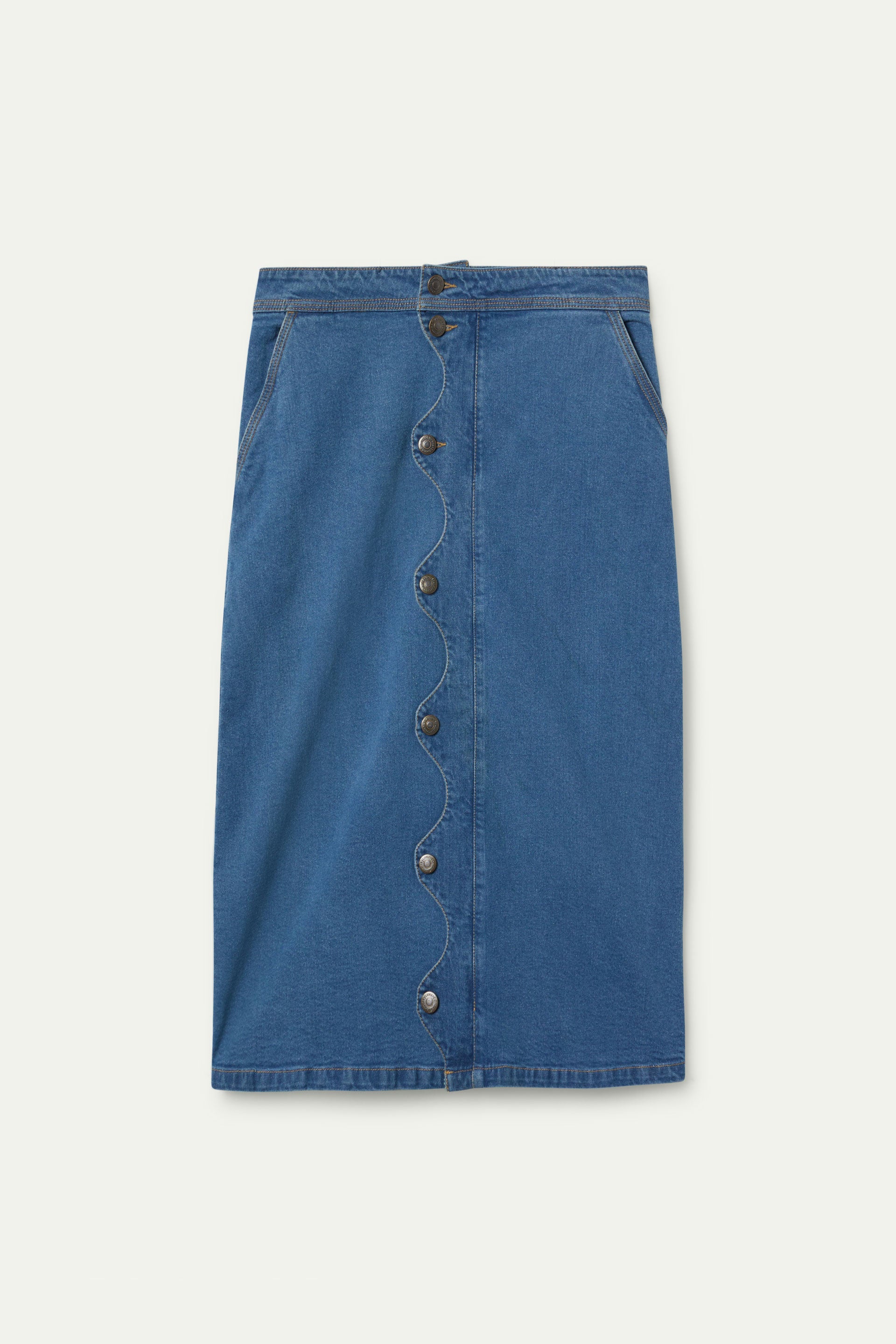 Falda midi de denim azul con botones delanteros