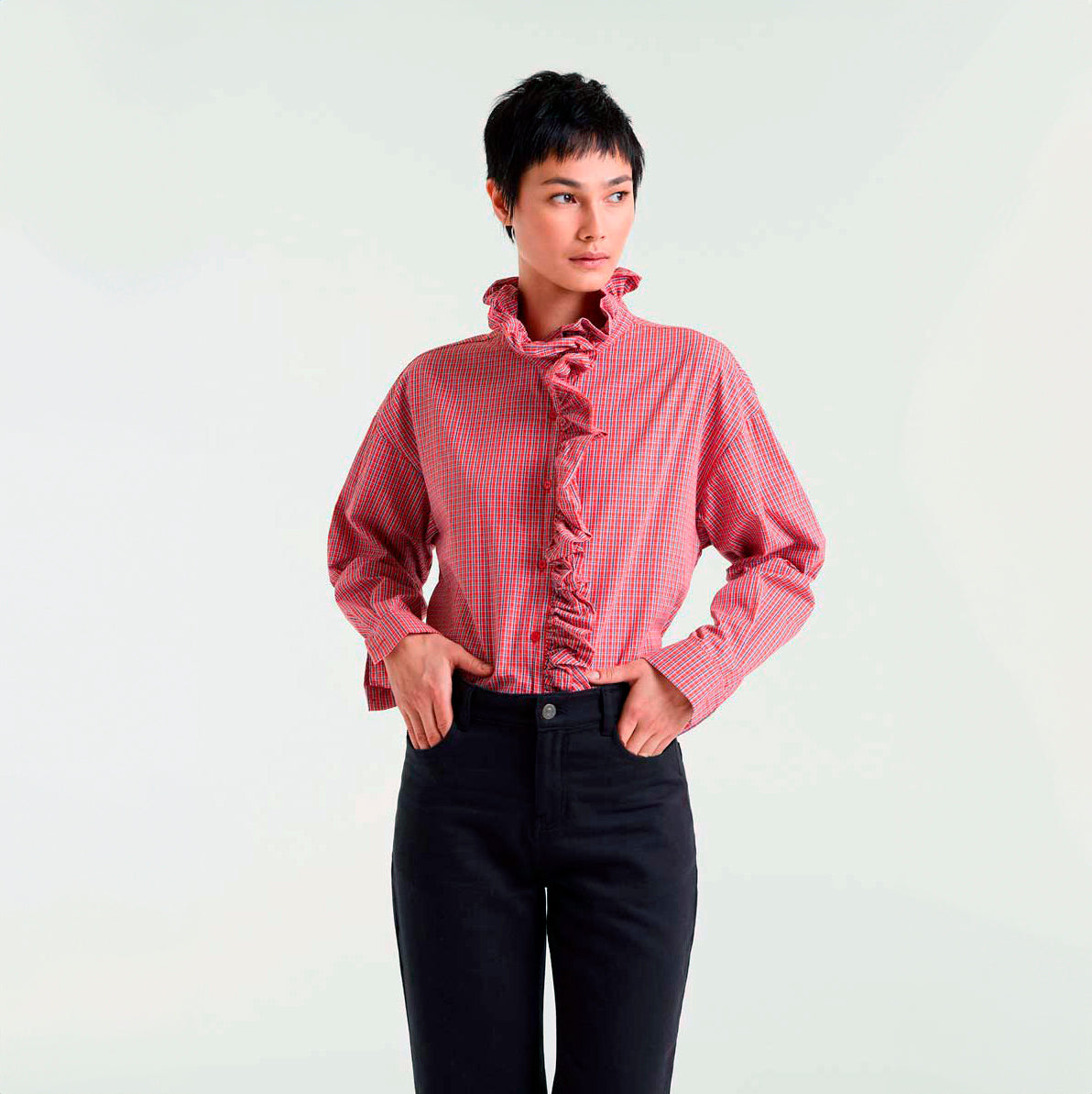 Camisa de algodón con estampado vichy rojo