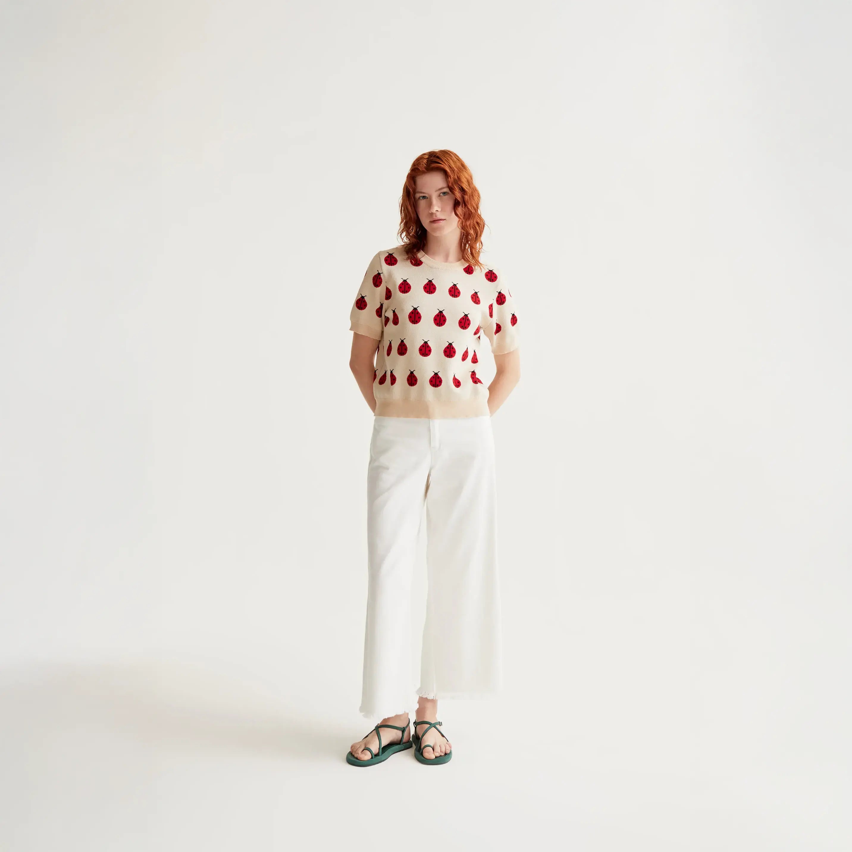 Knitted sweater with Red Coccinella print