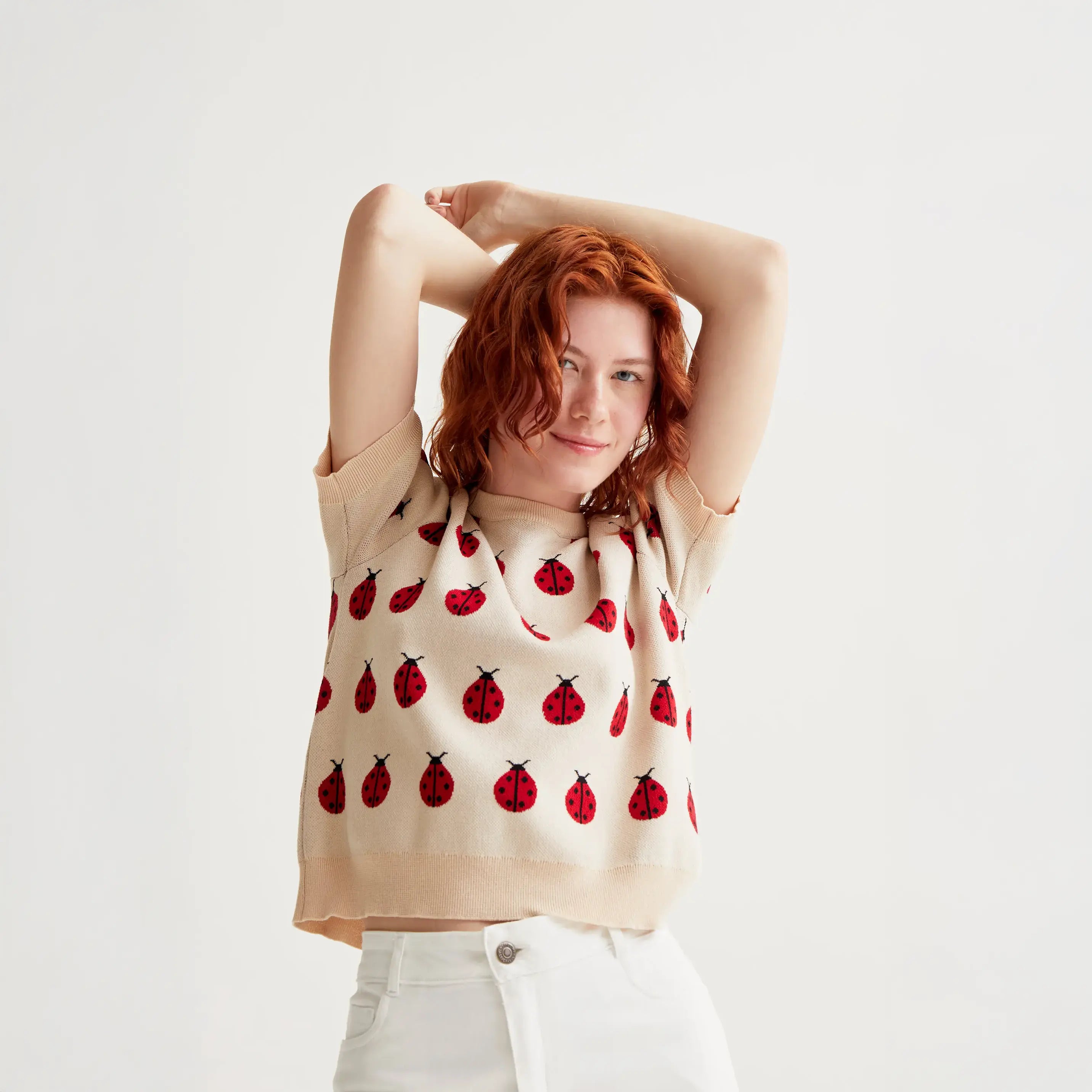 Knitted sweater with Red Coccinella print