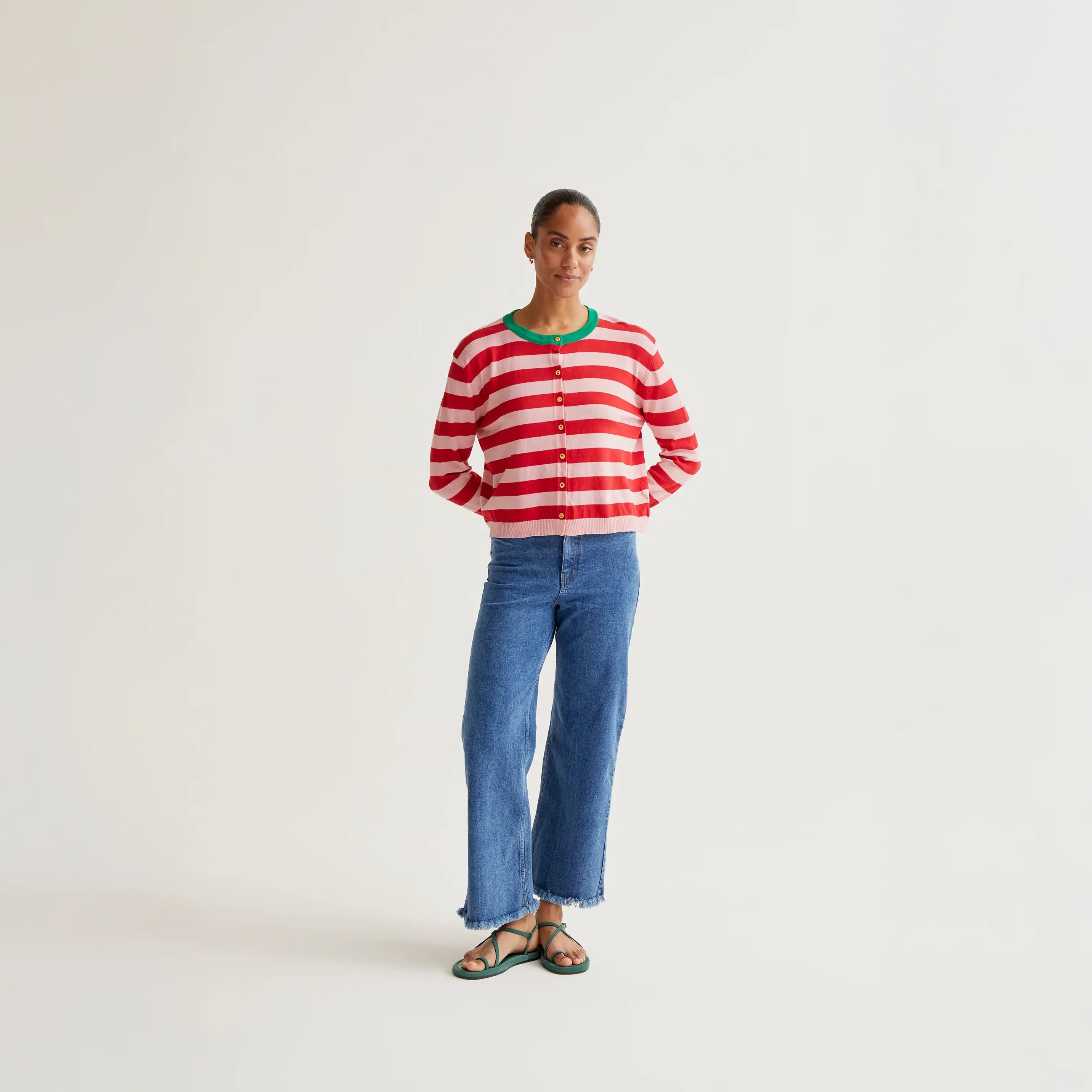 Soft knit cardigan with pink and red striped print