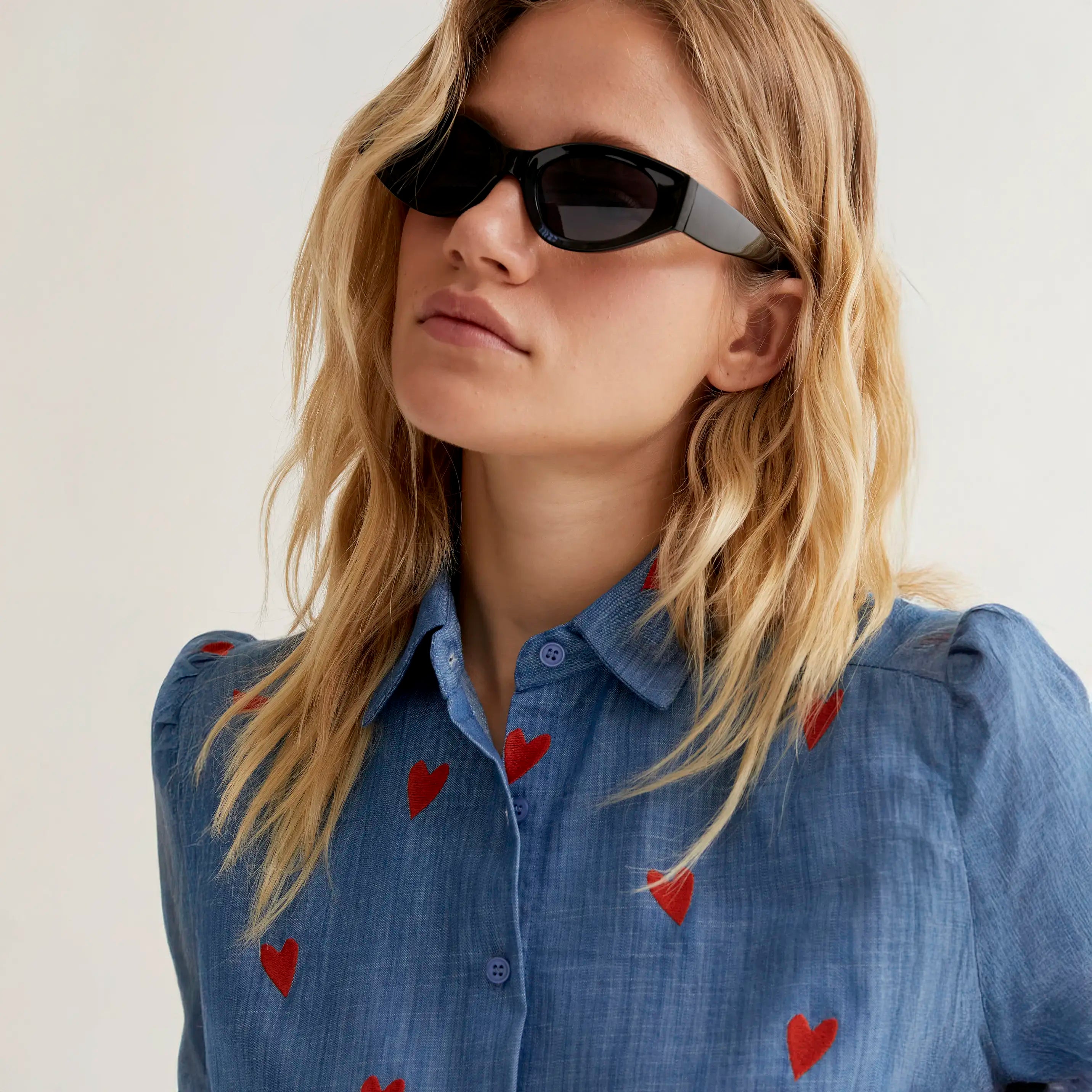 100% cotton chambray shirt with embroidered hearts