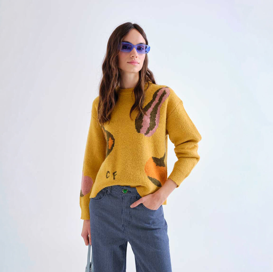 Jersey de Punto Jacquard Ocre con Motivo Huerto