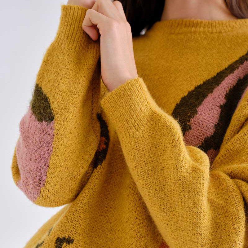 Jersey de Punto Jacquard Ocre con Motivo Huerto