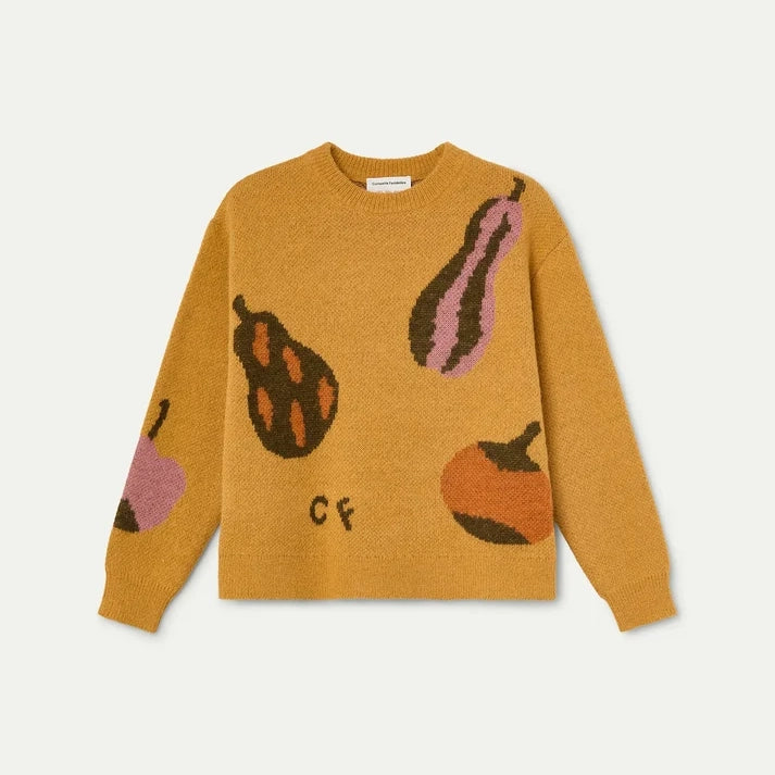 Jersey de Punto Jacquard Ocre con Motivo Huerto