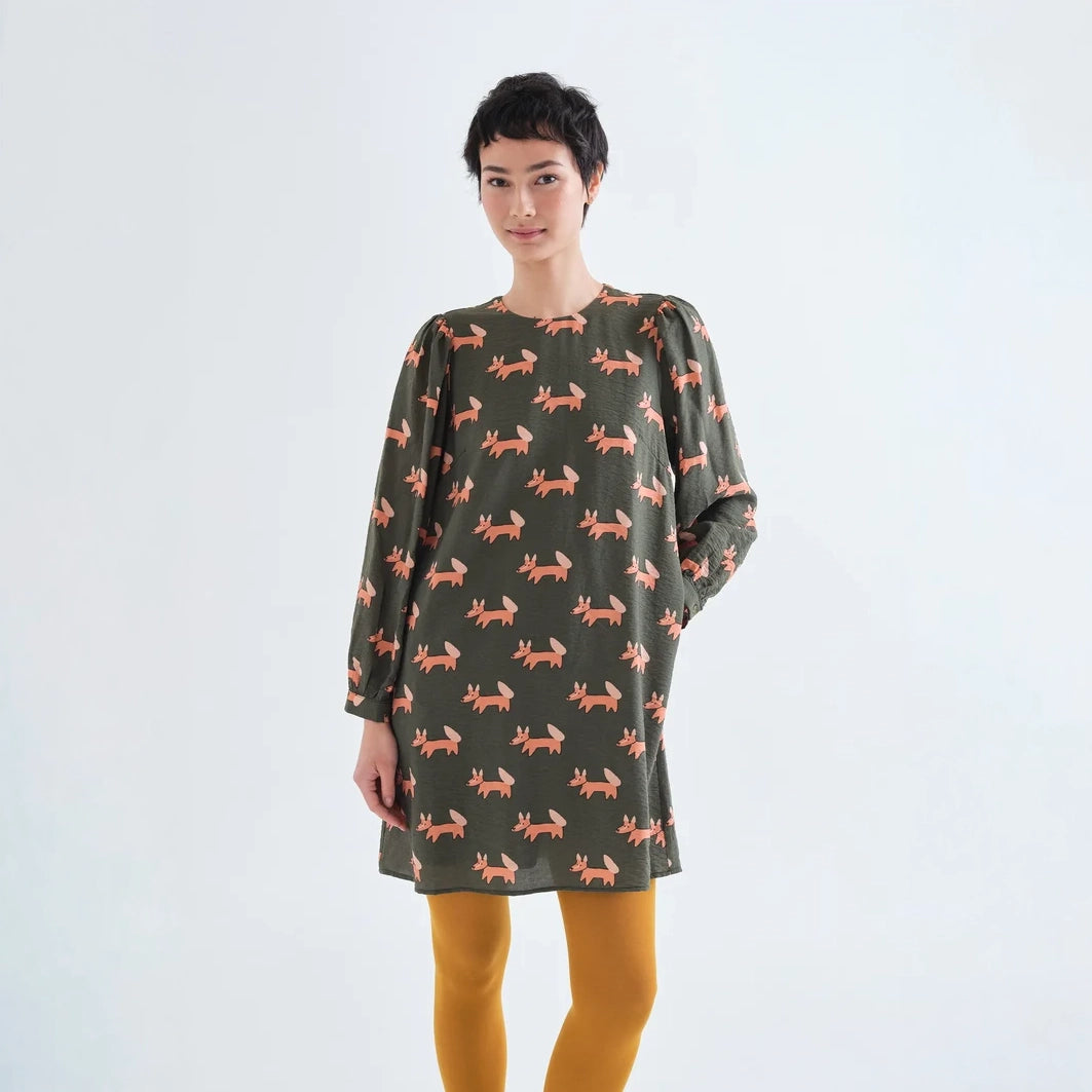 Vestido Corto Verde Bosque con Estampado Volpe