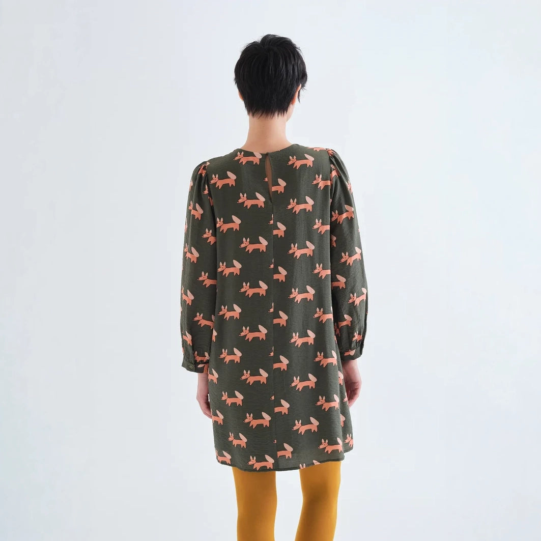 Vestido Corto Verde Bosque con Estampado Volpe