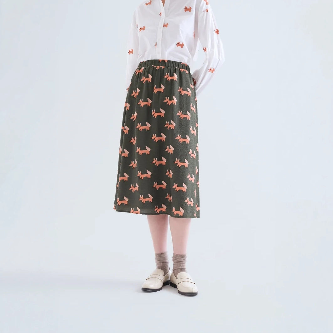 Falda Midi Evasé Verde Bosque con Estampado Volpe