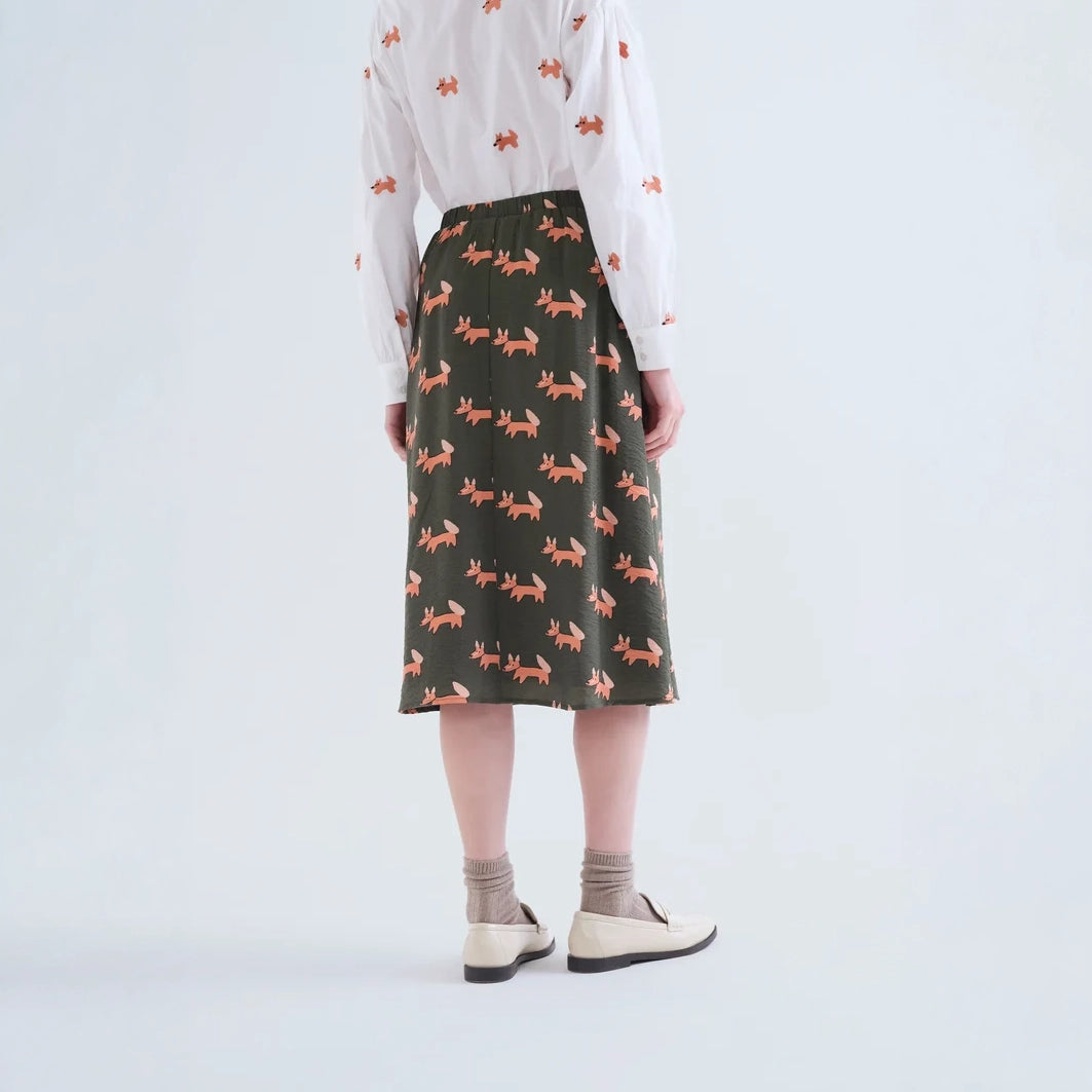 Falda Midi Evasé Verde Bosque con Estampado Volpe
