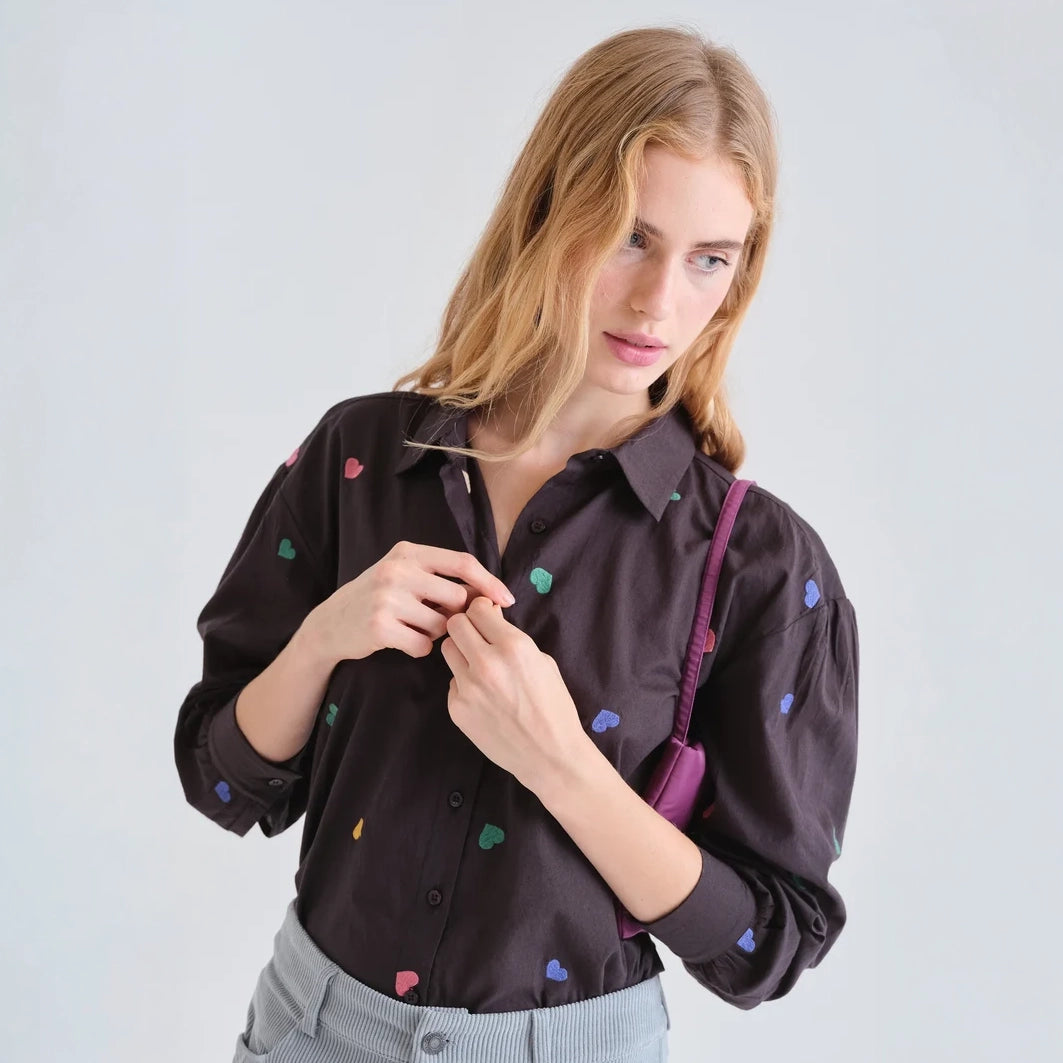 Camisa Recta Negra de Algodón Estampado Candy