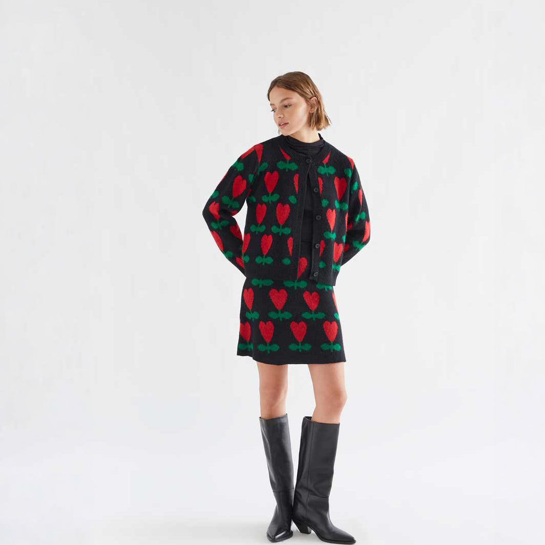 Minifalda de Punto Jacquard Negra con Flores Ciclamen