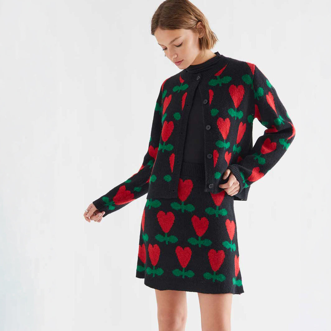 Minifalda de Punto Jacquard Negra con Flores Ciclamen
