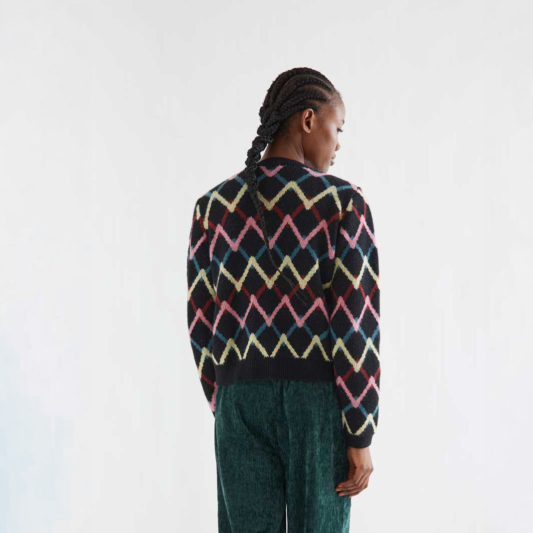 Cárdigan de Punto Negro Estampado Geométrico Skein