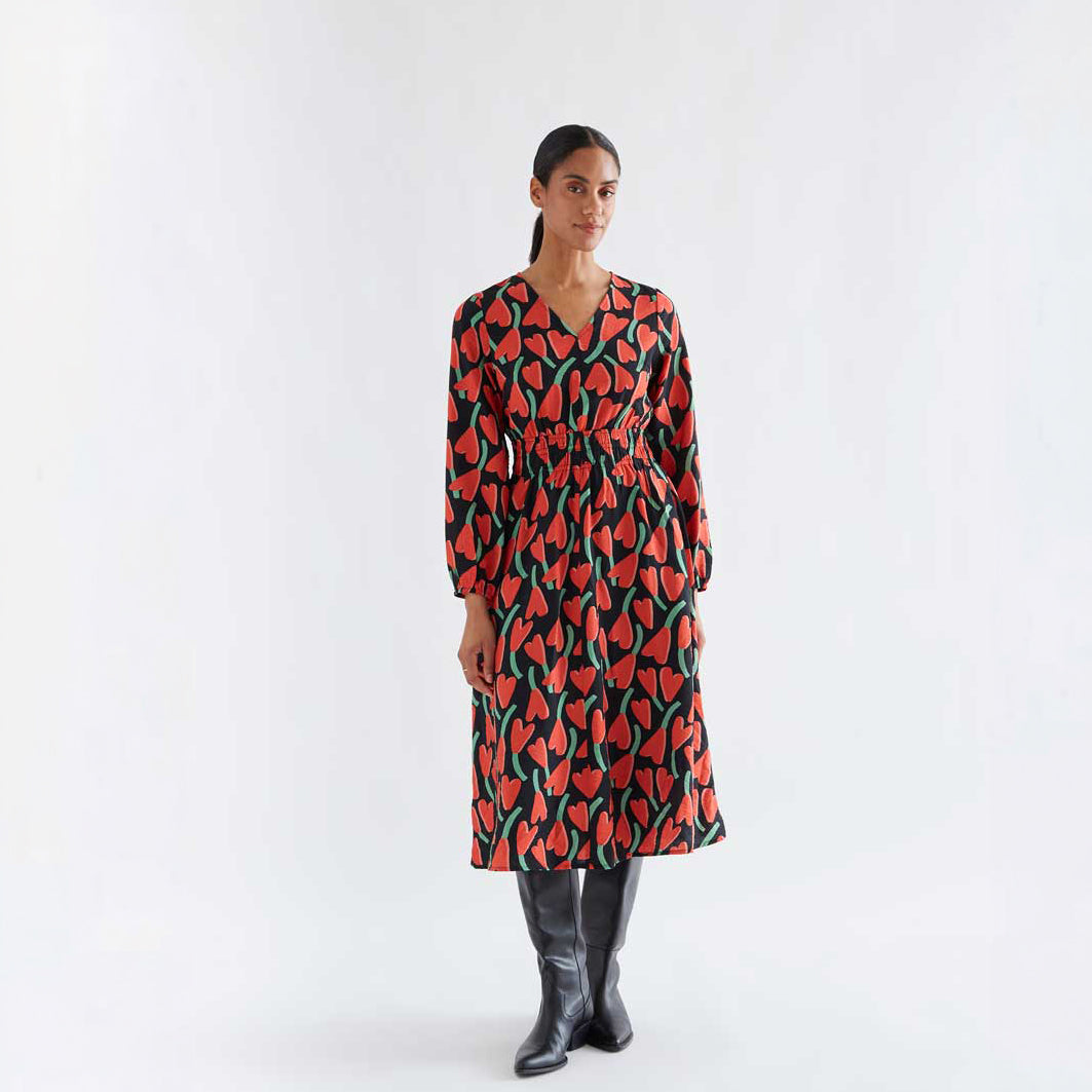 Vestido Midi Fluido Escote Pico Flores Ciclamen