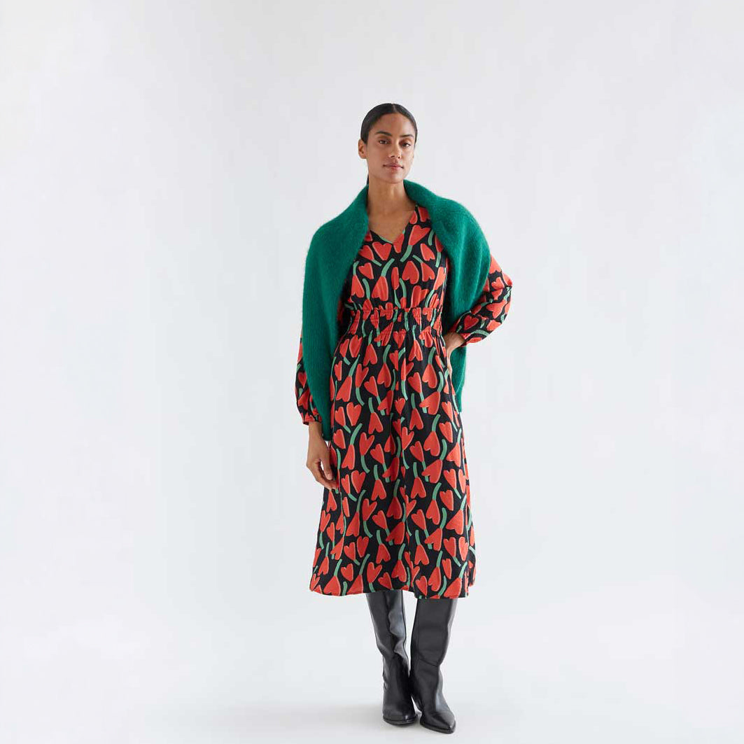 Vestido Midi Fluido Escote Pico Flores Ciclamen