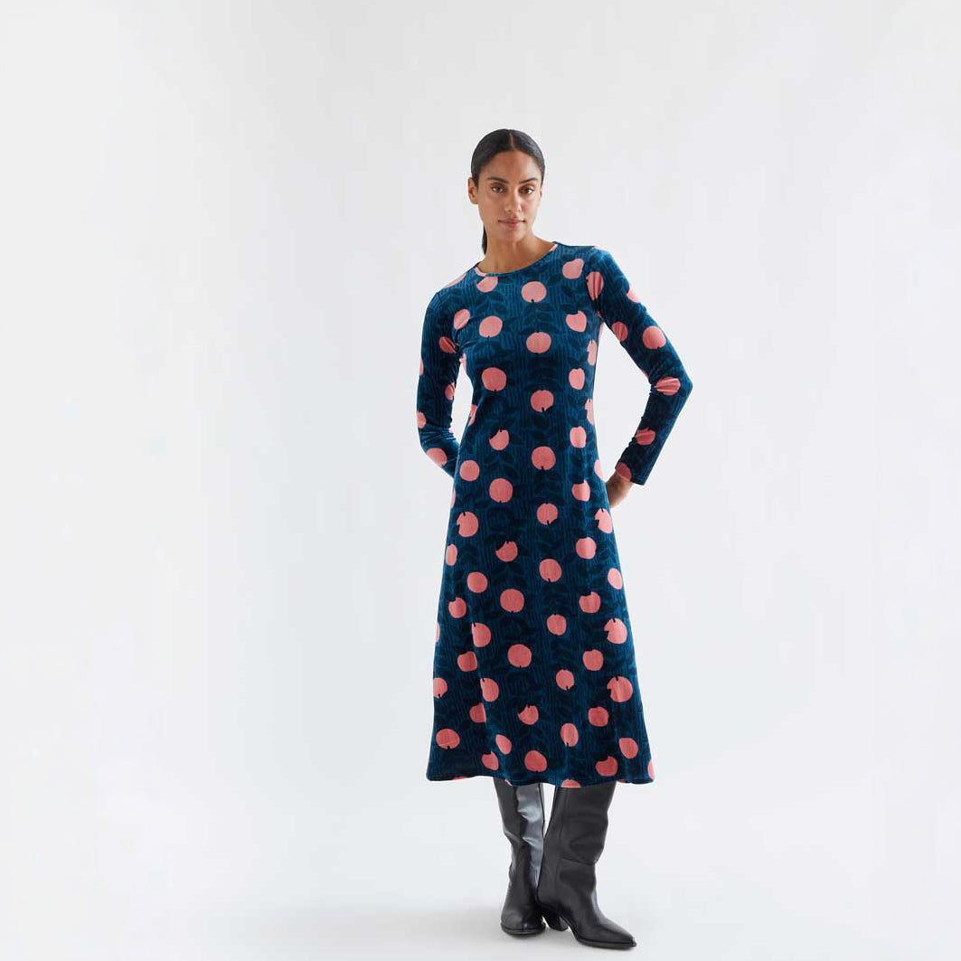 Vestido Midi de Terciopelo Azul Petróleo Estampado Lychee