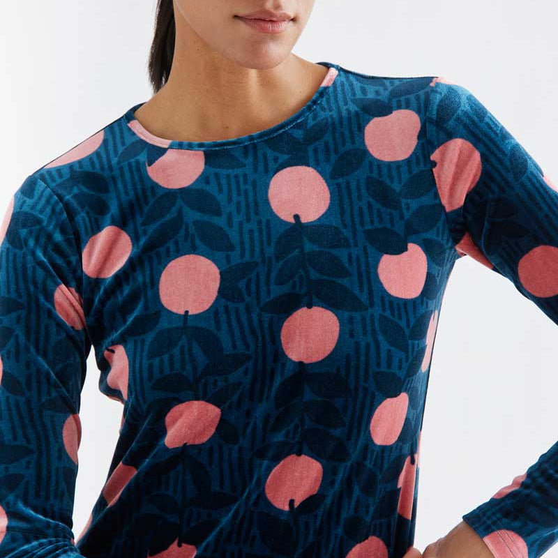 Vestido Midi de Terciopelo Azul Petróleo Estampado Lychee