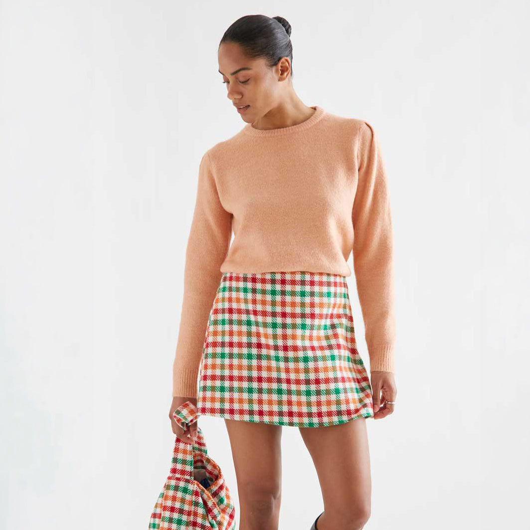 Minifalda Evasé de Tweed con Cuadros Multicolor