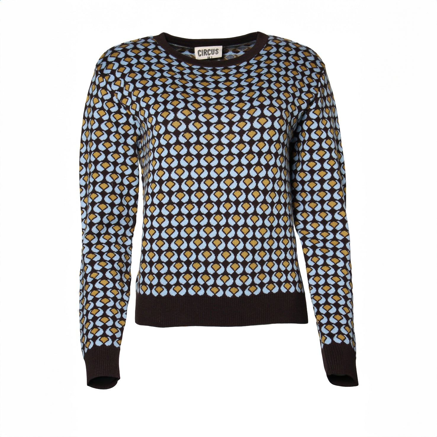 Jersey geométrico en tonos azul, mostaza y marrón