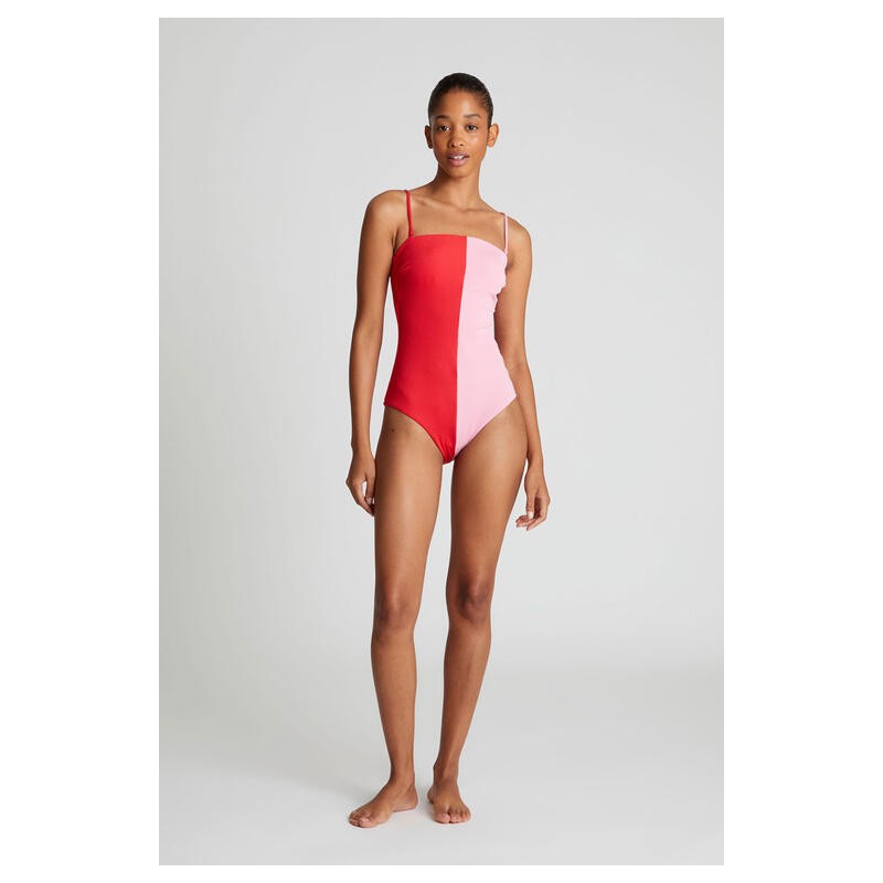 Bañador escote recto bicolor rojo