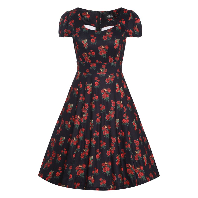 Vestido Claudia con Rosas Rojas y Pajaros