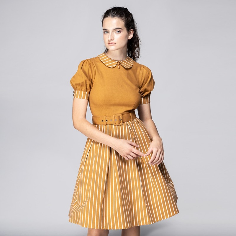 Vestido manga abullonada Alberta Rayas mostaza