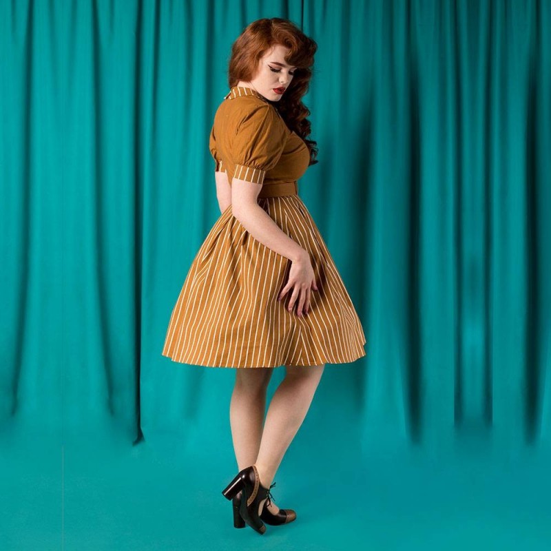 Vestido manga abullonada Alberta Rayas mostaza