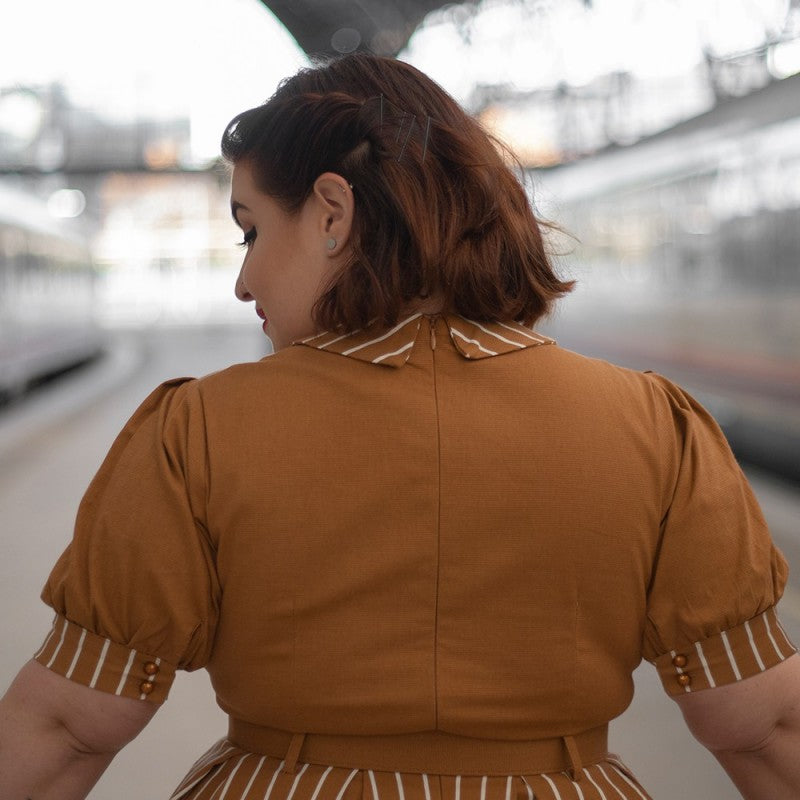 Vestido manga abullonada Alberta Rayas mostaza