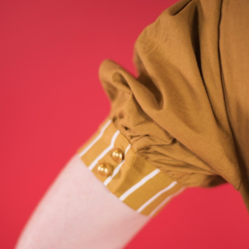 Vestido manga abullonada Alberta Rayas mostaza