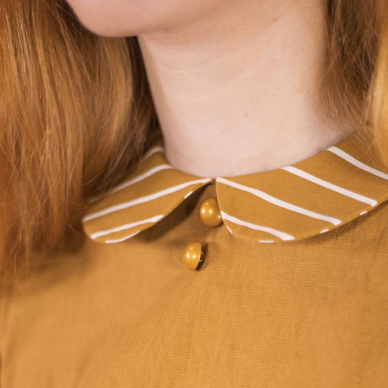 Vestido manga abullonada Alberta Rayas mostaza