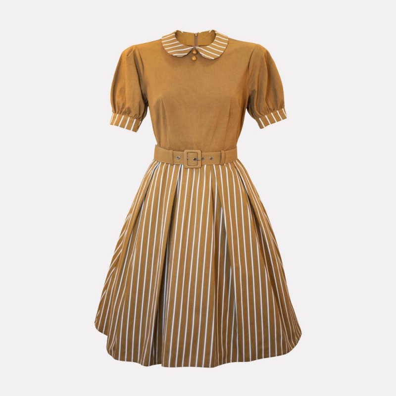 Vestido manga abullonada Alberta Rayas mostaza