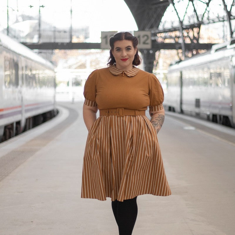 Vestido manga abullonada Alberta Rayas mostaza