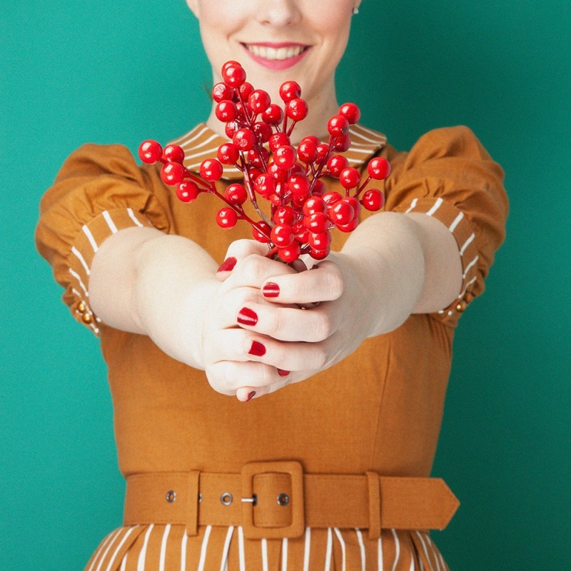 Vestido manga abullonada Alberta Rayas mostaza