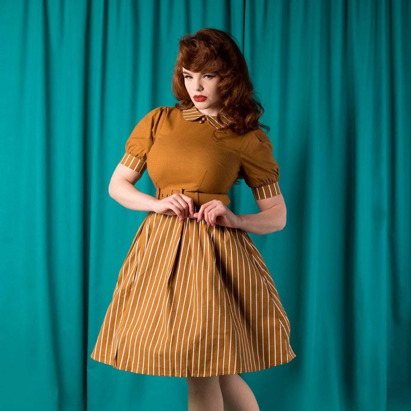 Vestido manga abullonada Alberta Rayas mostaza