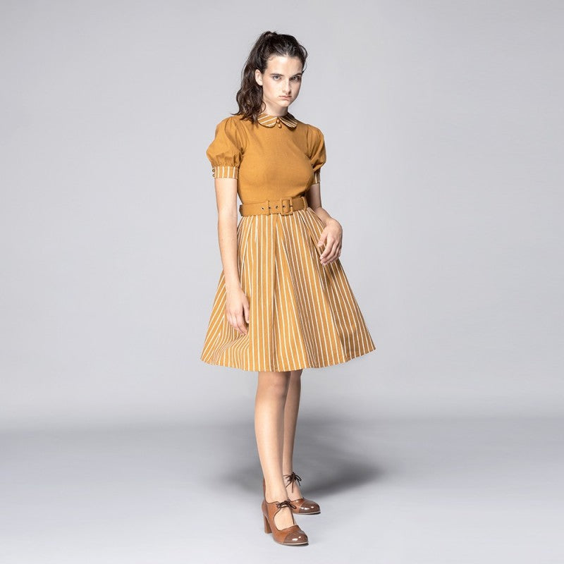 Vestido manga abullonada Alberta Rayas mostaza