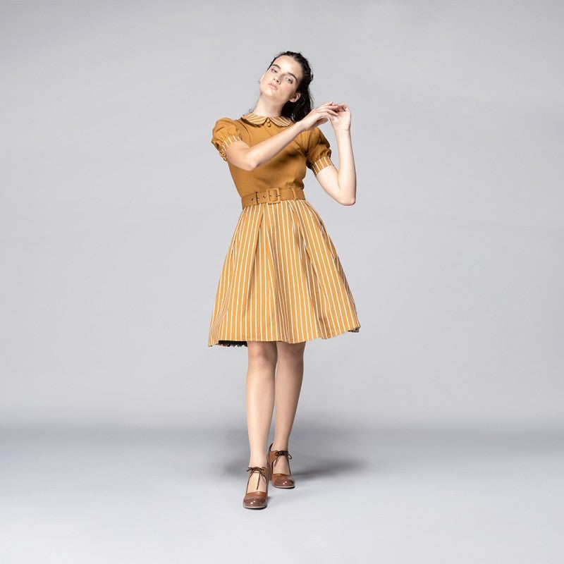 Vestido manga abullonada Alberta Rayas mostaza