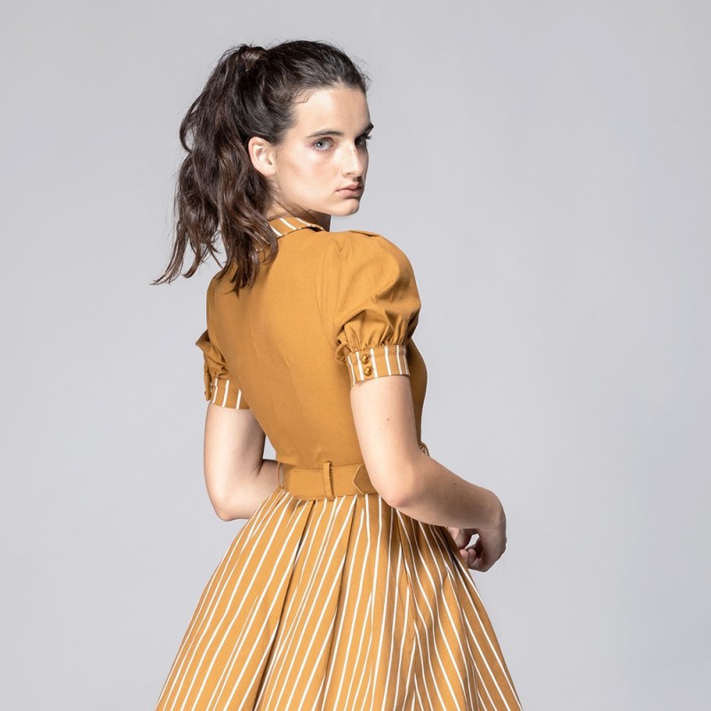 Vestido manga abullonada Alberta Rayas mostaza