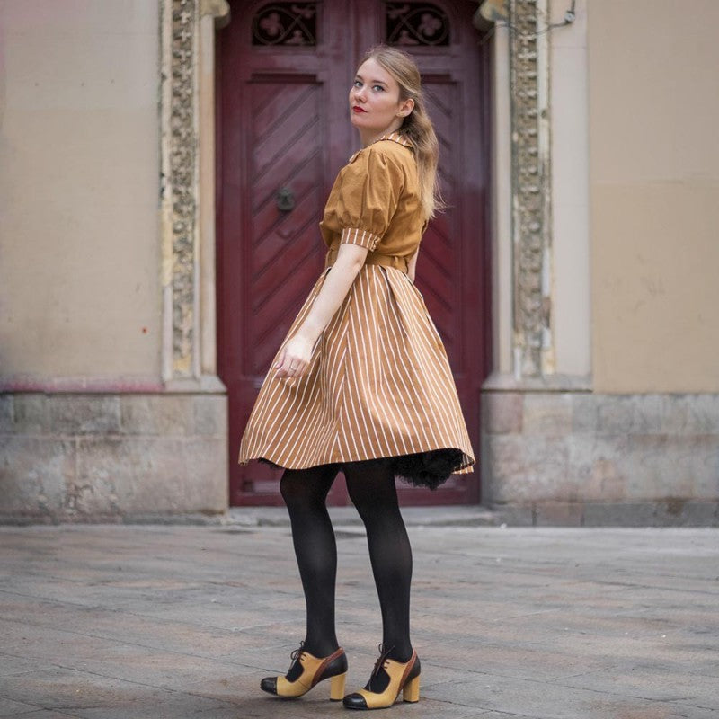 Vestido manga abullonada Alberta Rayas mostaza