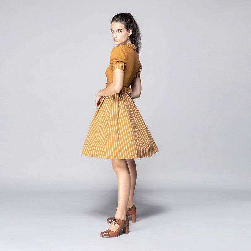 Vestido manga abullonada Alberta Rayas mostaza
