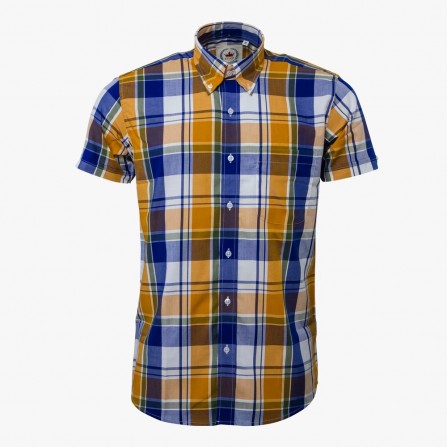 Camisa manga corta para hombres a cuadros amarillo y azul