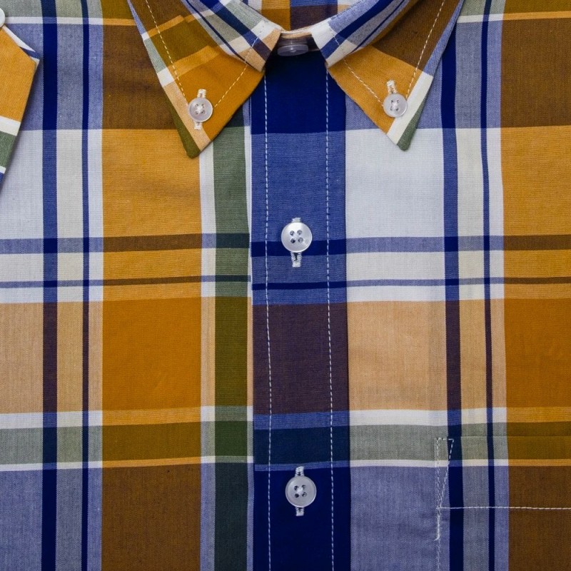 Camisa manga corta para hombres a cuadros amarillo y azul