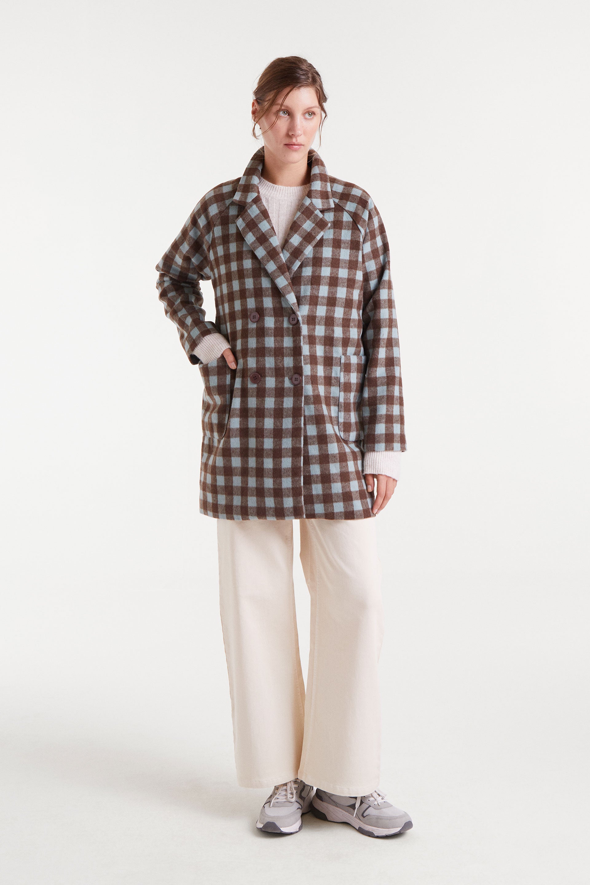 Brown and light blue checked coat