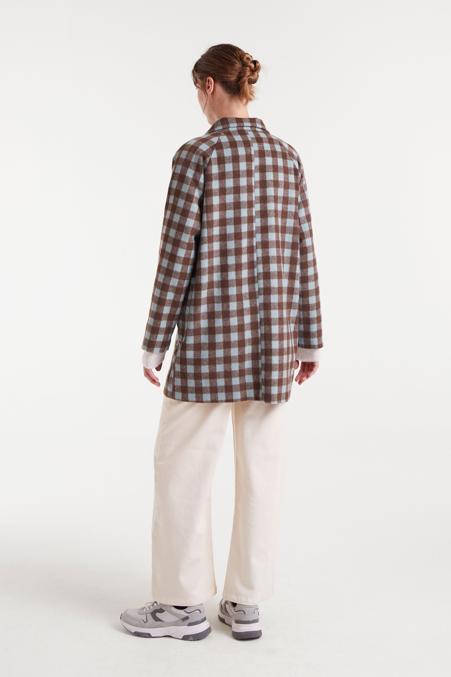 Brown and light blue checked coat