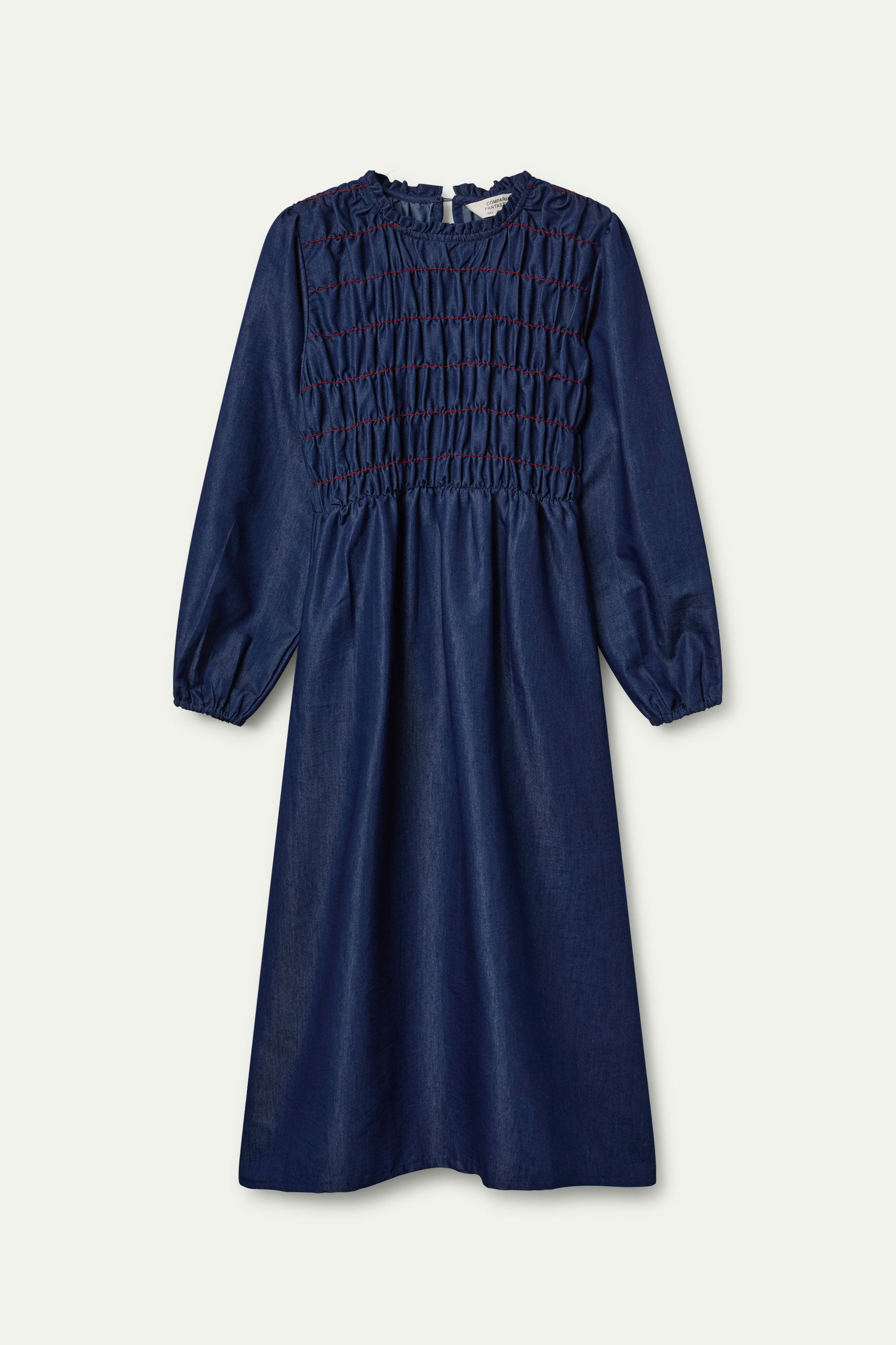 Vestido midi de denim azul con detalle fruncido