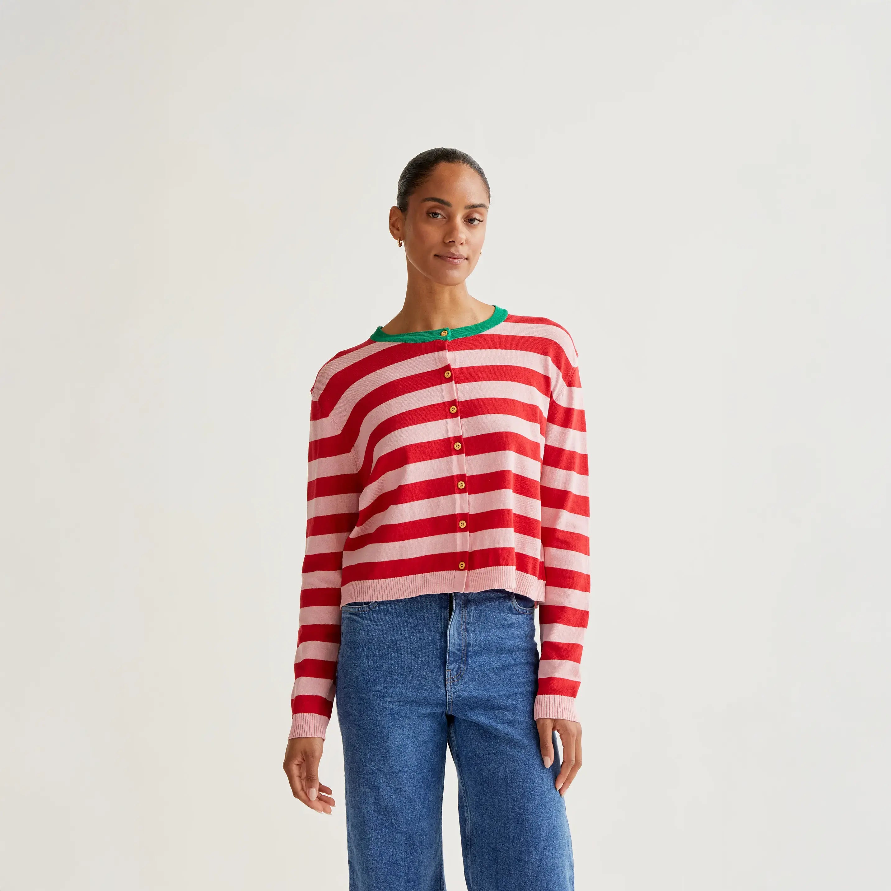 Cárdigan de punto suave con estampado de rayas rosa y rojo