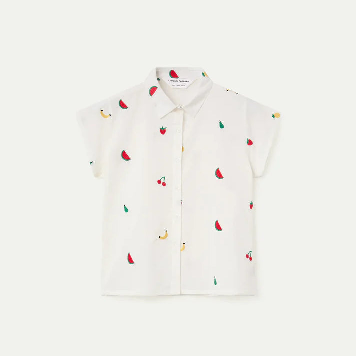 Camisa blanca 100% algodón con bordado de ensalada de frutas