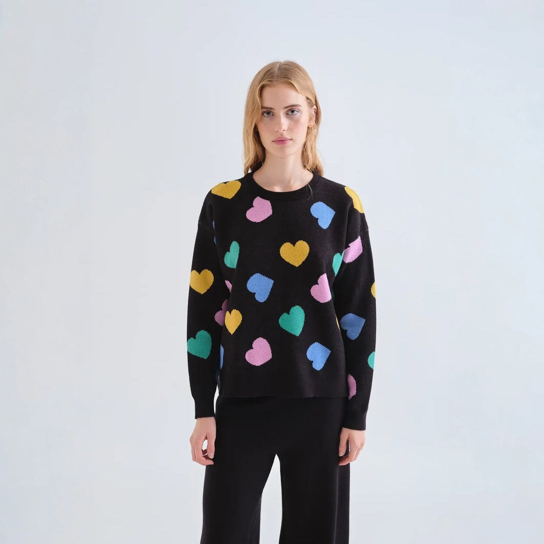 Jersey de Punto Jacquard Negro Corazones Candy